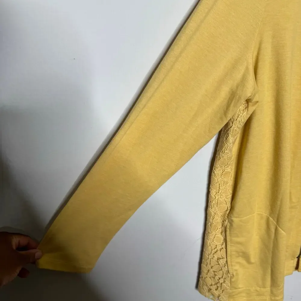 LOGO by Lori Goldstein Lounge Yellow Zip Front Cardigan Women’s Size L Lace Trim